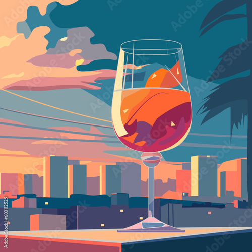 Cocktail on the background of the urban landscape. Vector illustration in flat technique 