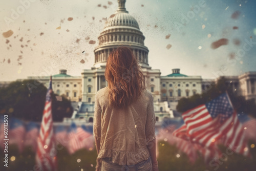 Mujer de espaldas mirando al capitolio con numerosas banderas americanas,concepto patriotismo, elecciones, celebraciones , 4 de julio photo
