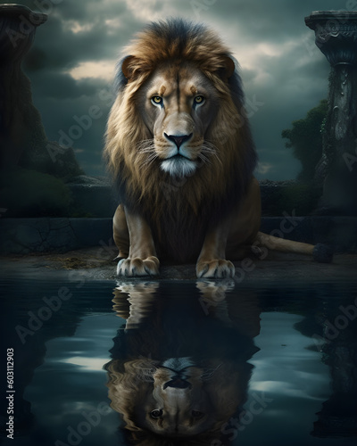 Stunning Stock Photo of a Lion and Its Enchanting Reflection in Crystal Clear Waters