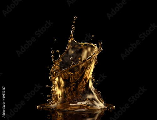 golden splash isolated on a black background, liquid gold fluid luxury, background or graphic design element perfect for the fashion or cosmetic industry, generative AI