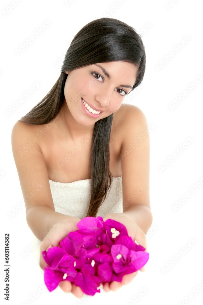Beautiful indian woman portrait with bougainvilleas flowers over white Beautiful indian woman portrait with bougainvilleas flowers over white