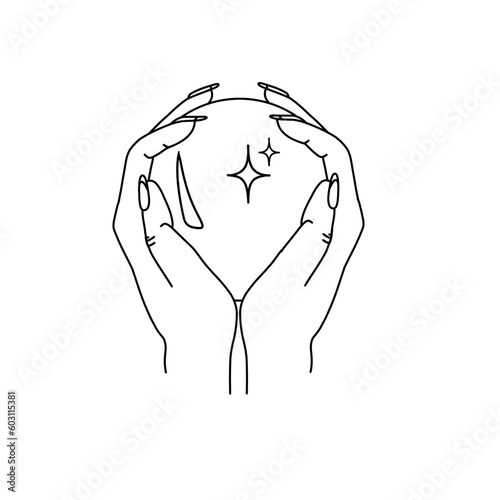 two hands holding a crystal ball outline on a transparent background