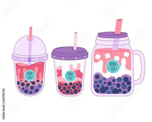 Collection of Bubble Milk Tea with tapioca pearls. Boba tea. Taiwanese drink. Summer cold drink. Hand drawn vector illustration