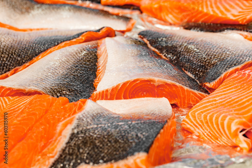 Salmon, red fish fillet, raw, chilled, selective focus