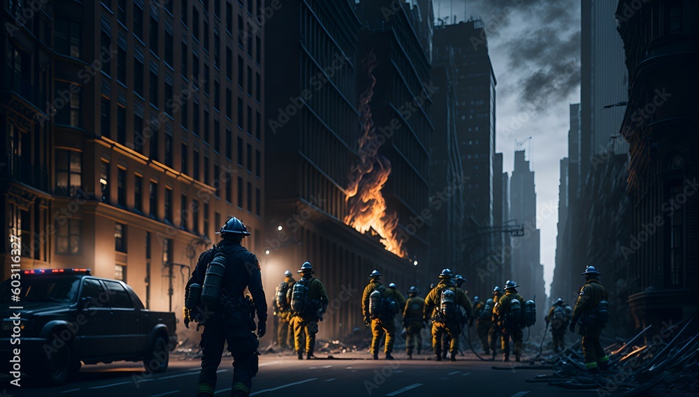 Obraz premium Fiery Battle: Firefighters Confronting Big Flames in New York City Created With Generative Ai