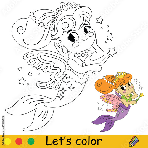 Kids coloring cute mermaid fairy vector illustration
