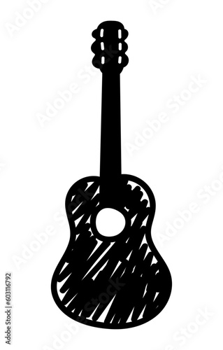 Doodle Hand Drawn Acoustic Guitar. Musical instrument in cartoon cute minimal style. Rough trendy groovy hawaii ukulele (Full Vector)