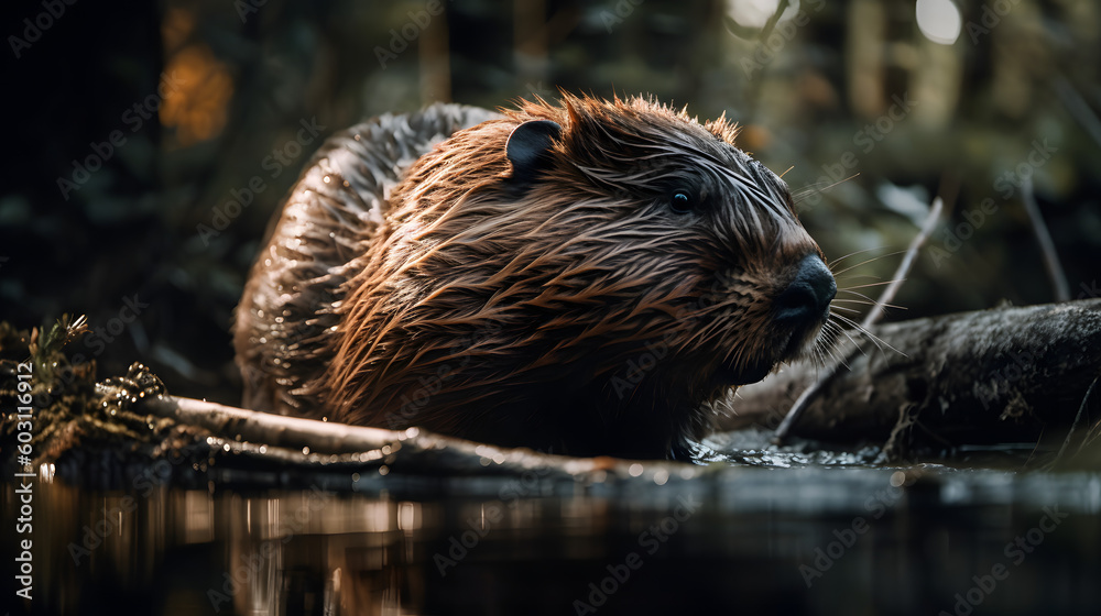Beaver in nature. Generative AI