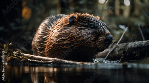 Beaver in nature. Generative AI © PIRMYN
