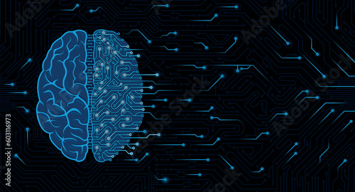 Illustration of blue brain top view half human, half machine brain with circuits on dark circuit board background with random lights with copy space. Artificial intelligence concept