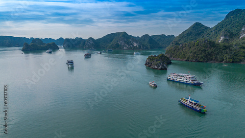 Aerial view of Ha Long bay, Vietnam on a cloudy and dark day. UNESCO World Heritage site, popular landmark, the most famous destination of Vietnam