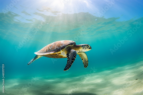 A turtle swimming in the ocean with the sun shining on it. World Turtle Day. © 92ashrafsoomro