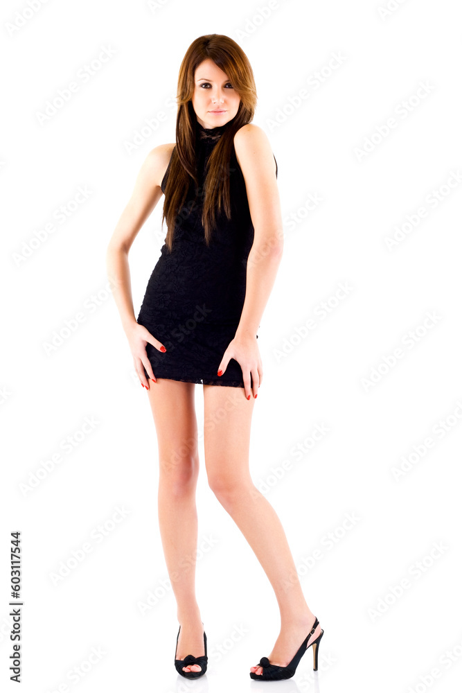Pretty young woman in short black dress over white Pretty young woman in short black dress over white