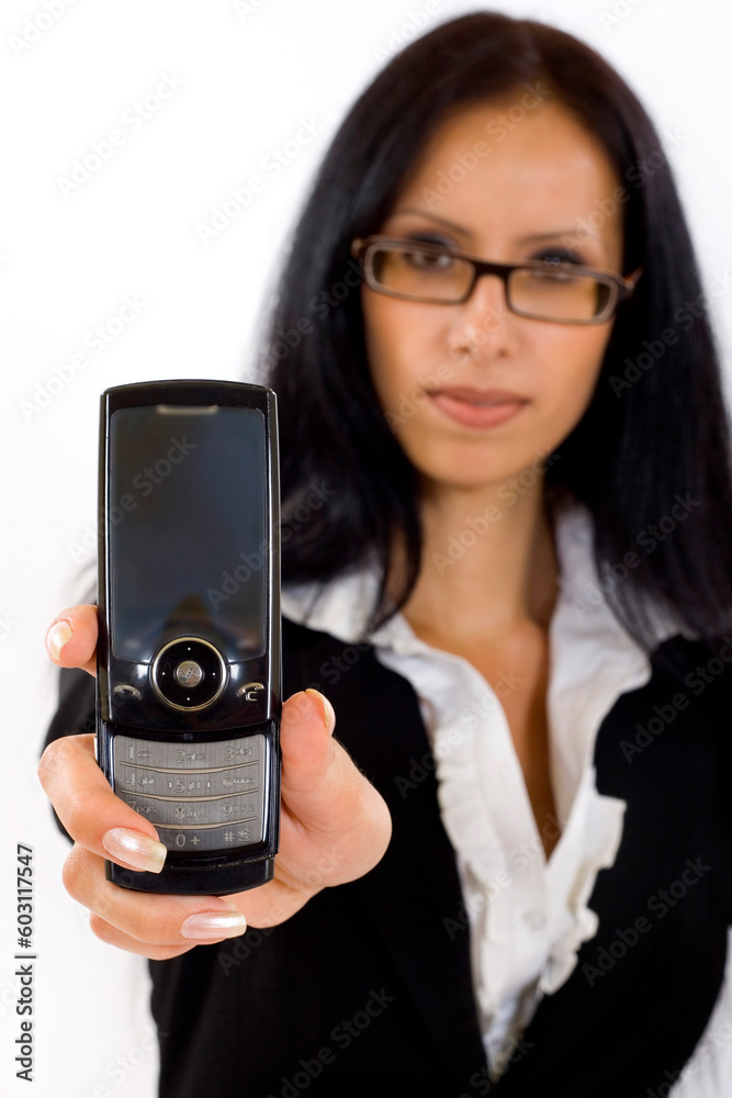 business woman showing her phone isolated over a white background business woman showing her phone isolated over a white background