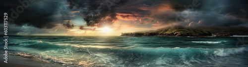 a large body of water under a cloudy sky, a matte painting, sunset beach, violent stormy waters, cliffside, sun rising, generative ai