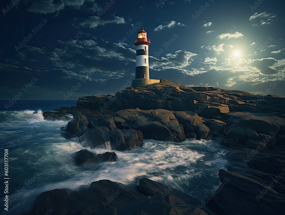 a lighthouse sitting on top of a rock next to the ocean, a matte painting, romanticism, dramatic moonlit lighting, fine detail post processing, standing in a maelstrom, generative ai