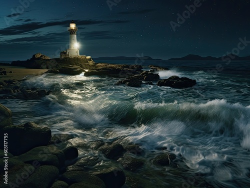 a lighthouse sitting on top of a rocky beach, a detailed matte painting, romanticism, nightime long exposure, towering waves, high res photograph, highly detailed saturated, generative ai