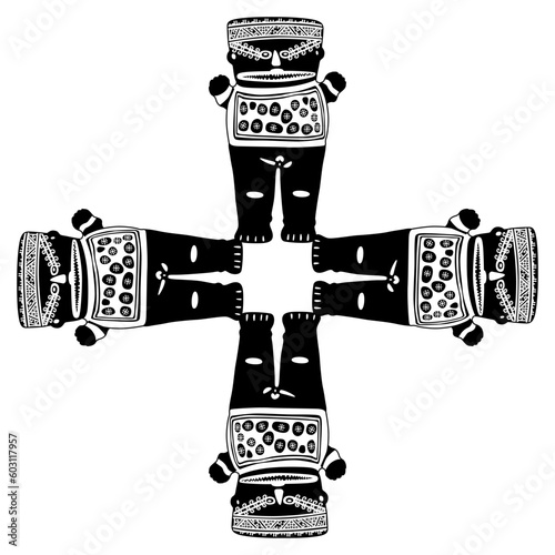 Square cross shape ethnic design with four fantastic figurines. Female whale shark shaman. Indigenous native American art of ancient Peru. Chancay culture. Black and white silhouette.	 photo
