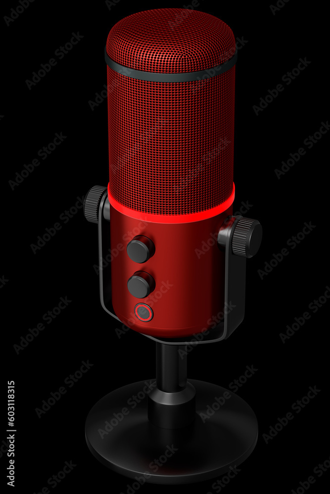 3D rendering of red studio condenser microphone isolated on black background 3D rendering of red studio condenser microphone isolated on black background