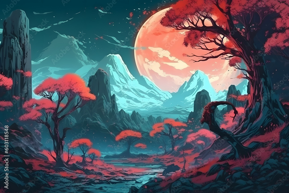 Landscape under the moon, illustrationo. Generative AI