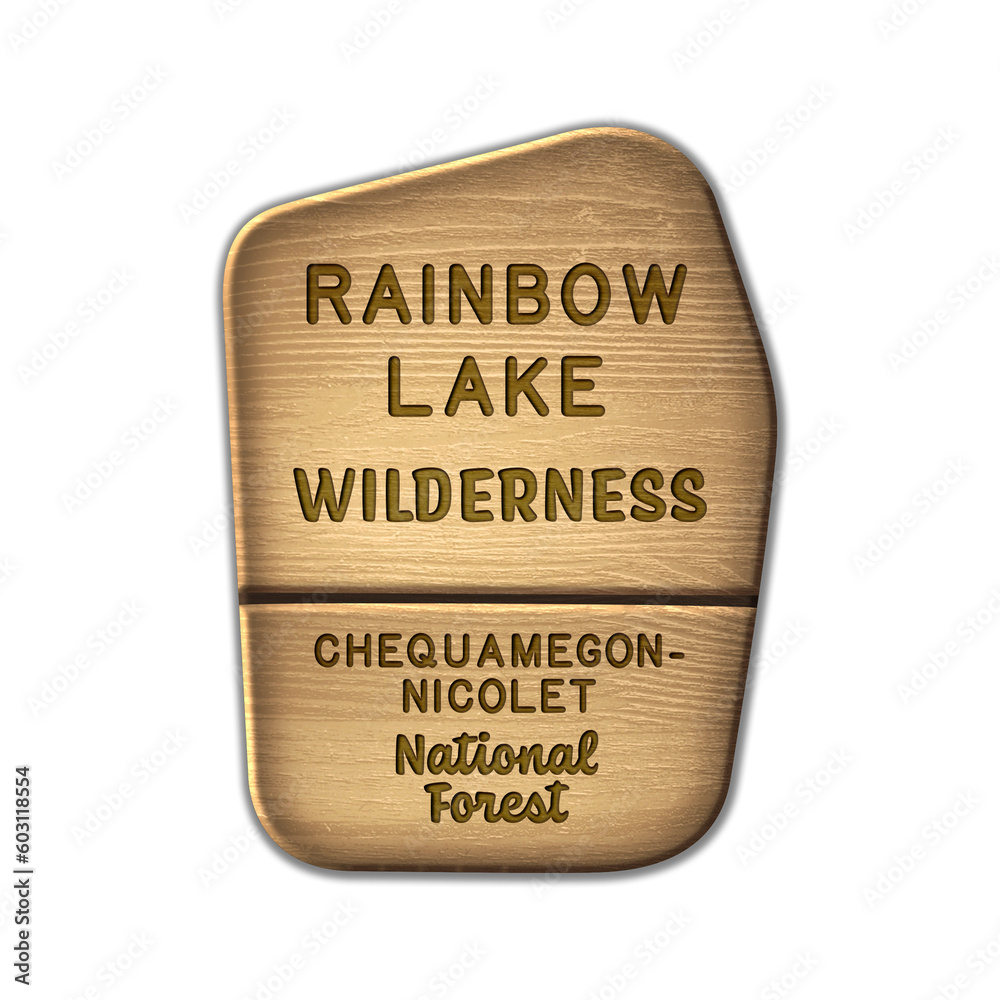 Rainbow Lake National Wilderness, Chequamegon-Nicolet National Forest Wisconsin wood sign illustration on transparent background