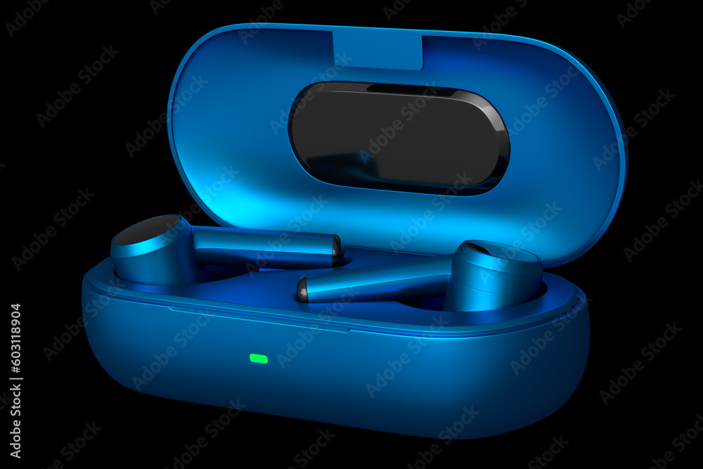 3D rendering of wireless earphones for workouts or listening streaming servicess 3D rendering of wireless earphones for workouts or listening streaming servicess