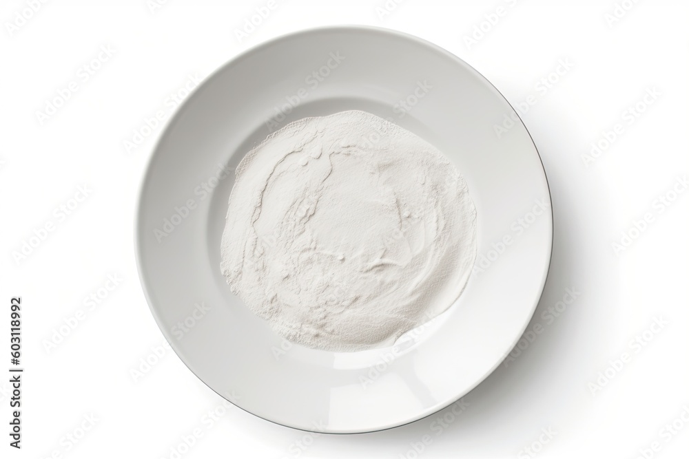 bowl of baking soda on a plain white background Generative AI