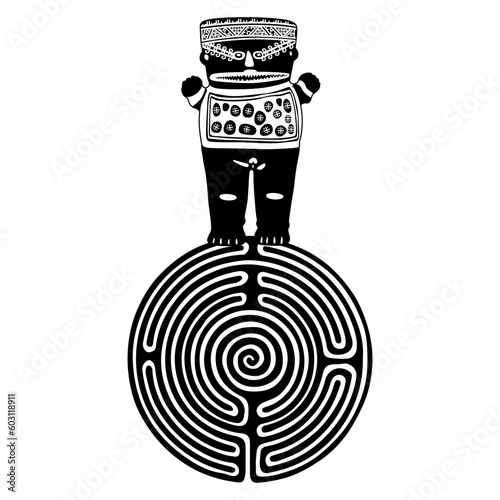 Ancient Peruvian Chancay idol standing on a round spiral maze or labyrinth symbol. Enigma of Indigenous culture. Black and white silhouette.