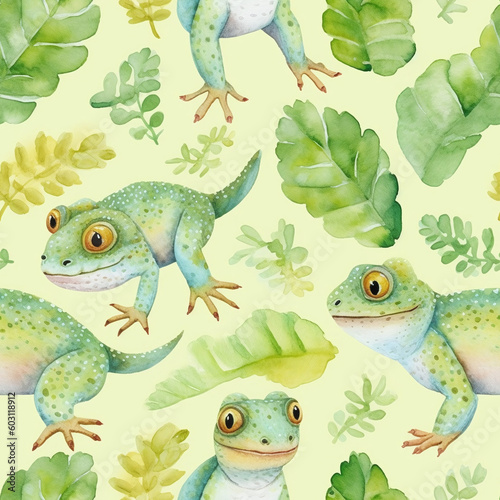 Cute seamless pattern hand drawn in watercolor of lizards on a pastel light green background perfect for childrens clothes / apparel printing, poster design, wallpapers, scrapbooking, etc. © Emil