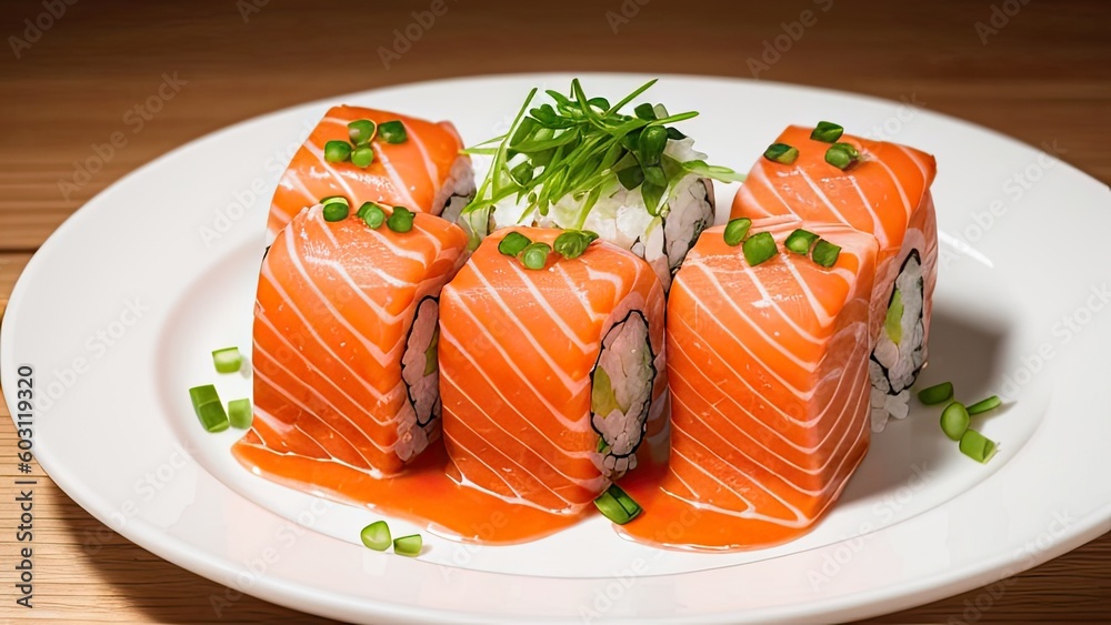 A plate of salmon sushi. Sushi pieces. Sushi rolls. Japanese Yummy Food. Seafood. Generative AI A plate of salmon sushi. Sushi pieces. Sushi rolls. Japanese Yummy Food. Seafood. Generative AI
