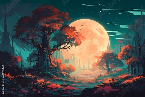 Landscape under the moon, illustrationo. Generative AI