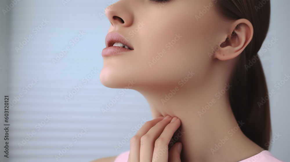 custom made wallpaper toronto digitalYoung woman doing thyroid self examination indoors, closeup. Space for text, generative ai