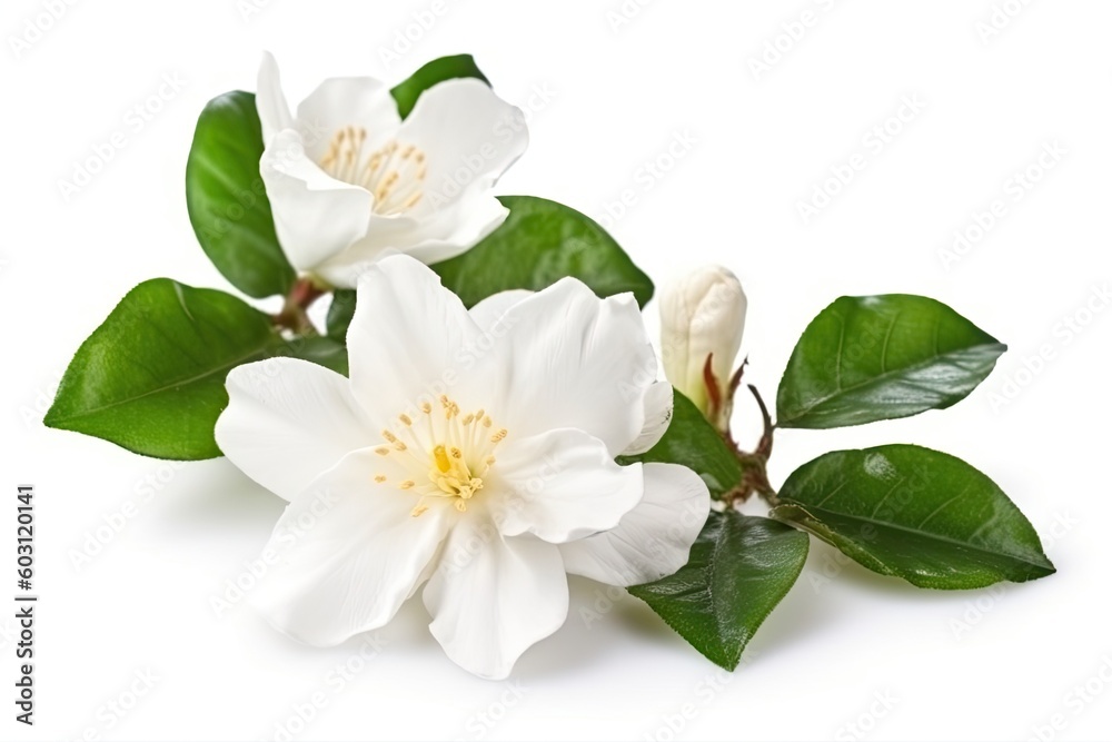 Fototapeta premium two white flowers with green leaves isolated on a white background Generative AI