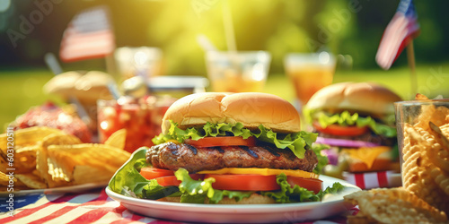 4th of july hamburger meal on picnic table outdoors created with generative AI
