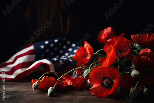 Great for celebrating the Fourth of July, the Day of Remembrance of American Soldiers. Red poppies with the national flag of the USA. the national holiday of America. Generative AI