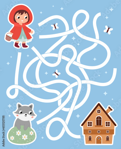 Maze game with Little Red Riding Hood. Help the girl find right way to grandmothers cottage. Cute gray wolf. Classical fairy tale for kids. Cartoon characters. Vector illustration.