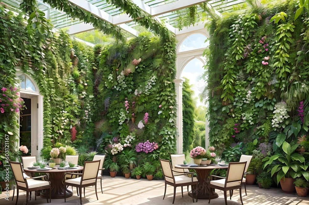 Interior with many lush green plants, generative ai illustration