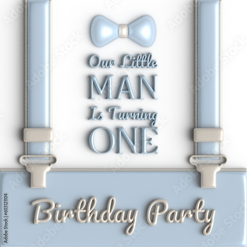 First birthday for little boy, turning one, 3d vector illustration with three-dimensional mustache