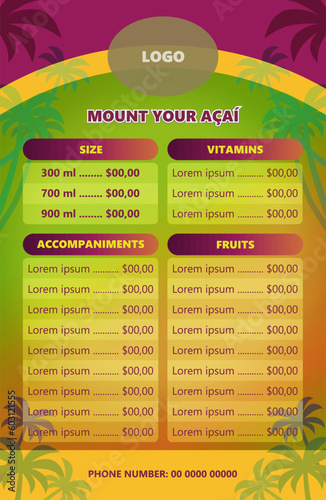 Acai menu with a tropical setting. Background with coconut trees and warm colors.