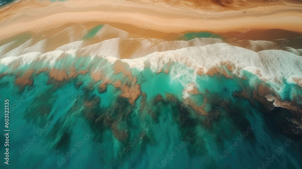 Top down shot of splashing white waves in the ocean. Generative AI