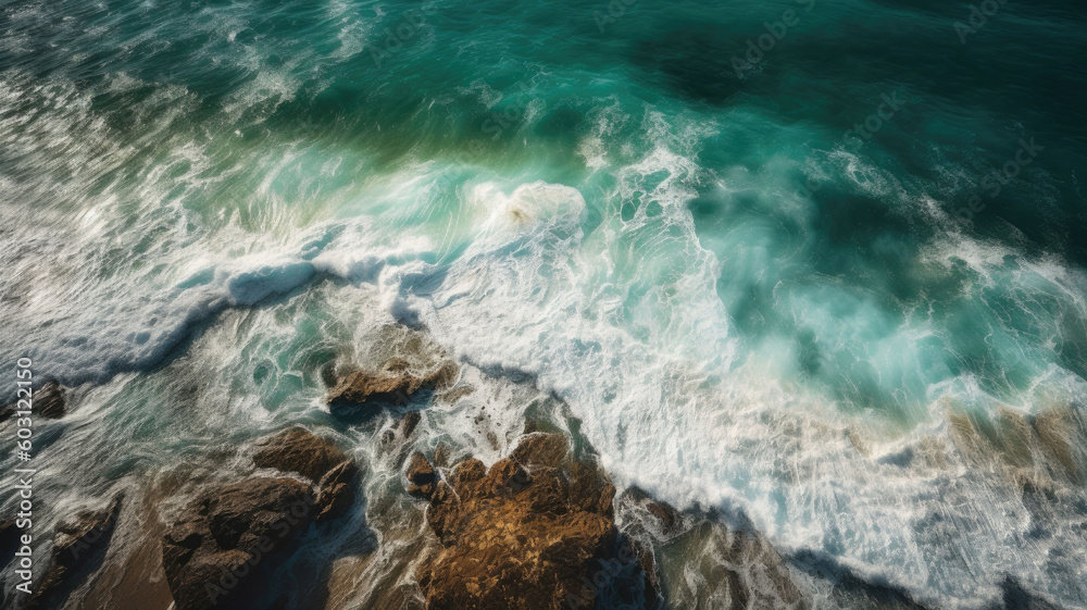 Top down shot of splashing white waves in the ocean. Generative AI