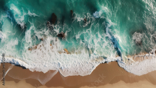 Top down shot of splashing white waves in the ocean. Generative AI © OLGA