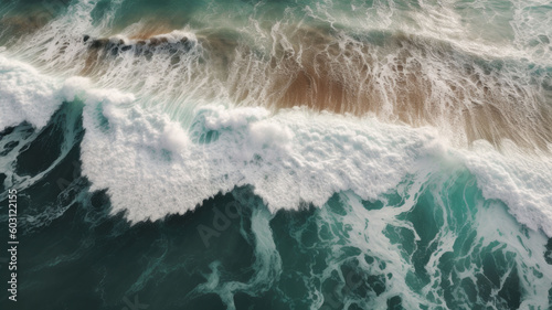 Top down shot of splashing white waves in the ocean. Generative AI © OLGA