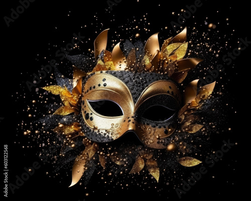 Golden carnival mask on black background. Generative AI..