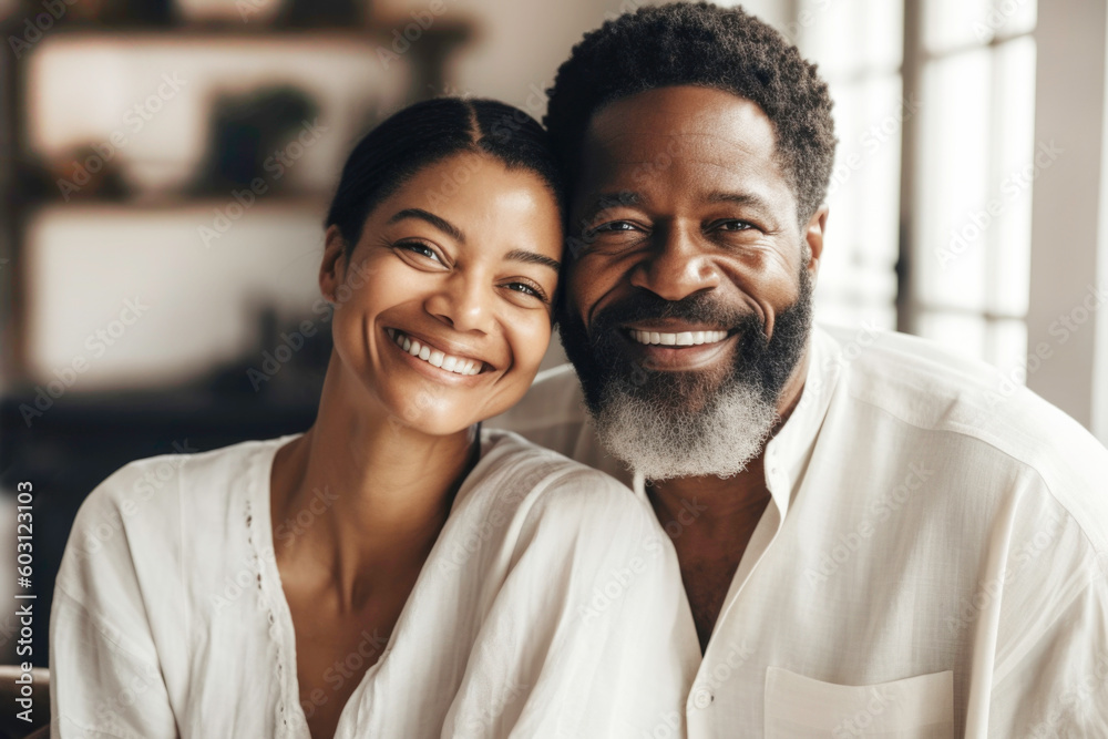 Portrait of happy mature Black couple at home. Generative AI. Portrait of happy mature Black couple at home. Generative AI.