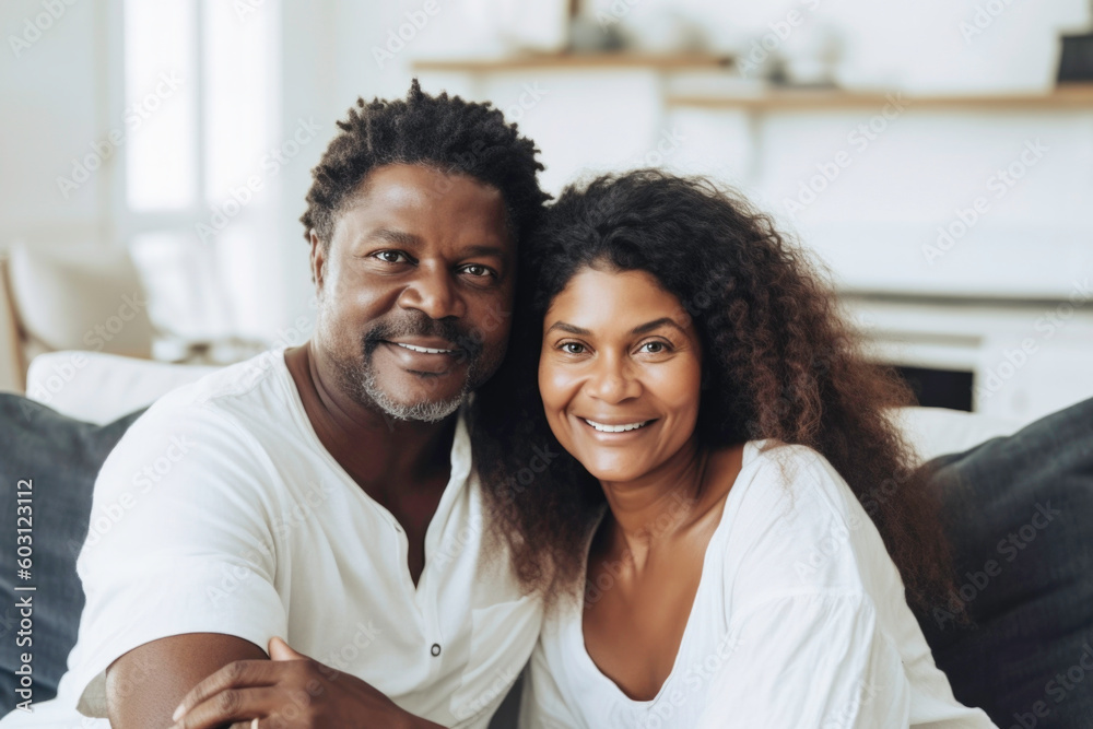 Portrait of mature Black couple on sofa in living room sofa at home. Generative AI. Portrait of mature Black couple on sofa in living room sofa at home. Generative AI.