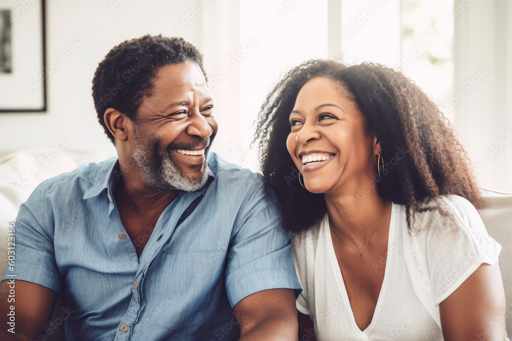 Portrait of happy Black couple laughing and connecting together at home. Generative AI. Portrait of happy Black couple laughing and connecting together at home. Generative AI.