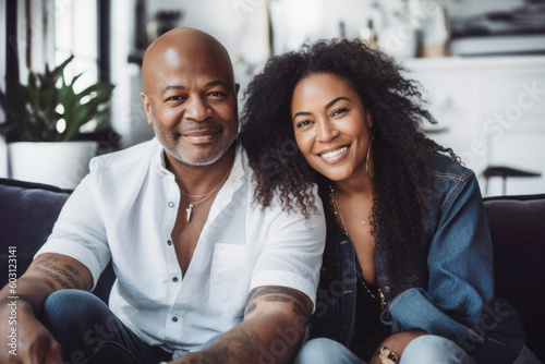 Portrait of happy wealthy mature Black couple at home. Generative AI. photo