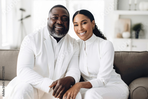 Portrait of happy wealthy mature Black couple in luxury home. Generative AI.