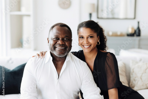 Portrait of happy wealthy mature Black couple in luxury home. Generative AI.
